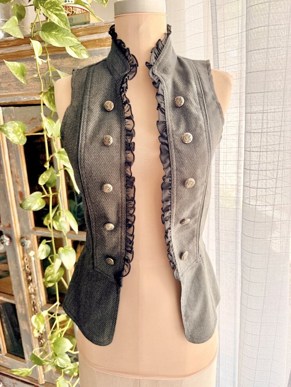 Vintage Y2K Vest Gray Sheer Ruffle Trim Steampunk Whimsigoth Grunge Gothic S